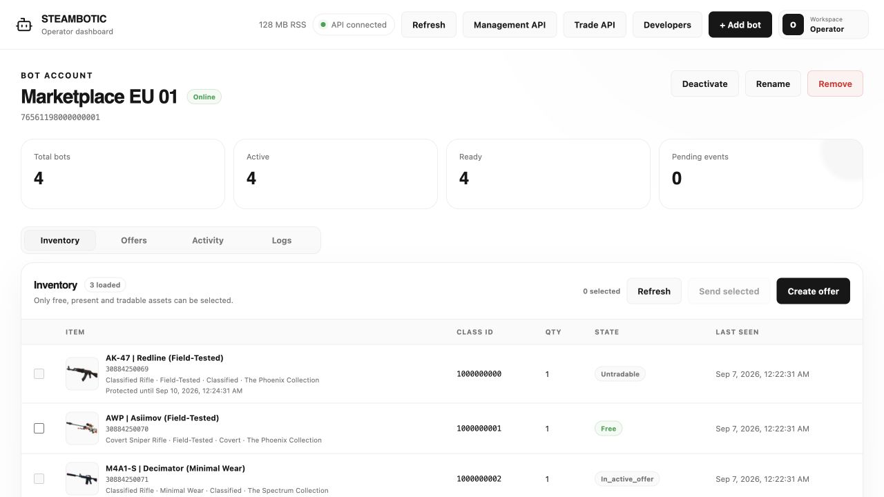 SteamBotic dashboard showing CS2 weapon thumbnails, item condition, collection, availability and a trade protection deadline.